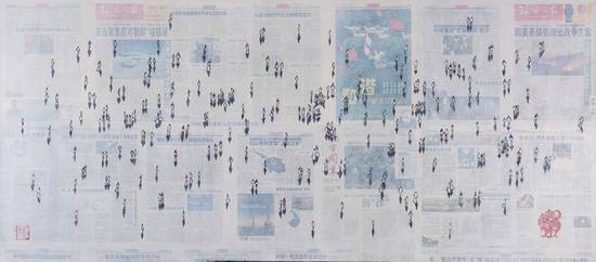 　　菲琳 Eline de Jonge 报纸上的影子 shadows on Shanghai today 80x180cm 布面综合材料 mixed media on canvas 2017