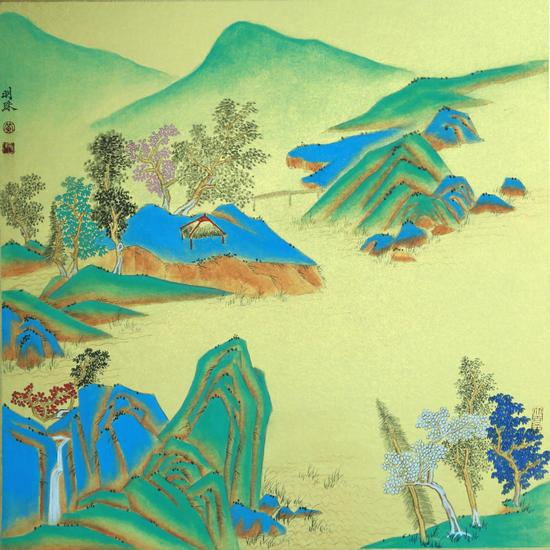 黄明珠 水墨卡纸《彩墨山水》尺寸50×50cm