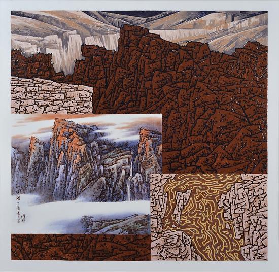 龚循明《山观图》120x120cm 陶瓷釉上粉彩