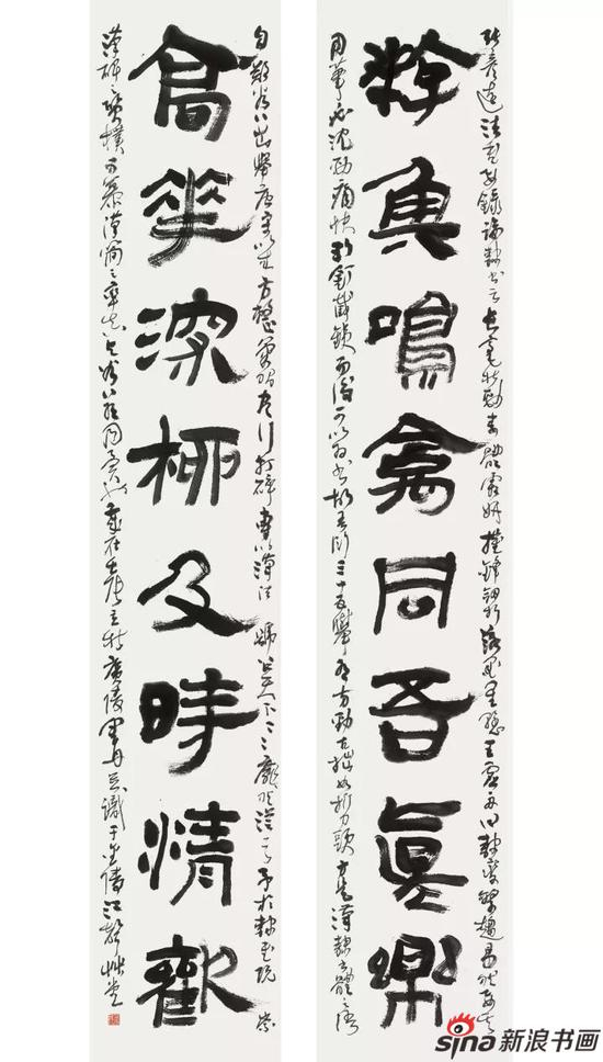 《游鱼高花八言联》隶书对联 228cm×41cm&nbsp;×2 2012年