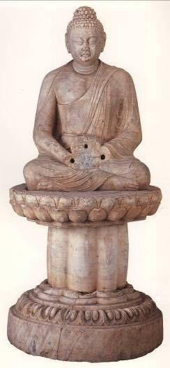 　　（药师）如来坐像，初唐（推测为七世纪），汉白玉圆雕。陕西省麟游县九成宫太平寺遗址出土，陕西省麟游县博物馆藏。