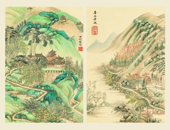 吴大澂《临王廉州虞山十景册》（十开册页之两页），图片来源：梅洁楼