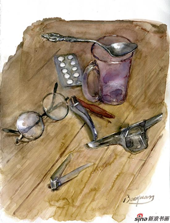 《我桌面上的对弈》2017夏葆元水彩五