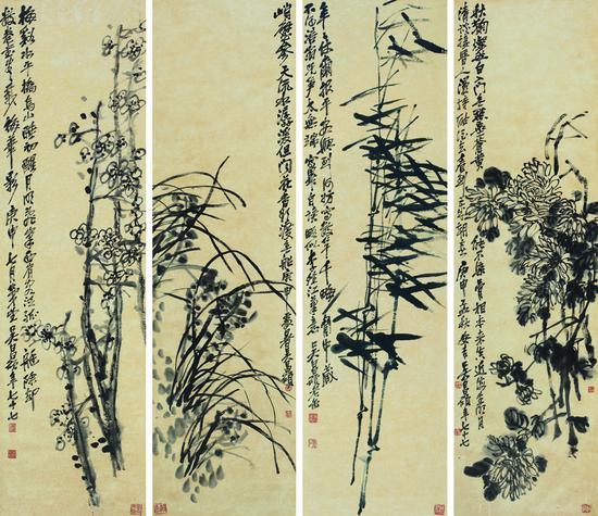高評価！ 吴昌硕《梅兰竹菊四屏》亮相匡时春拍_手机新浪网 絵画/タペストリー