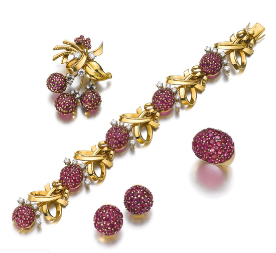 RUBY AND DIAMOND PARURE， BRAHMFELD & GUTRUF， CIRCA 1950