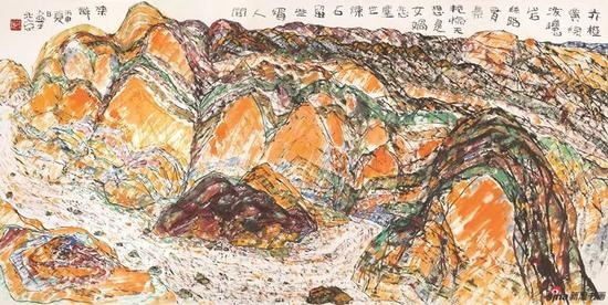 　　女娲石 2016年 137.9x69.6cm 赤橙黄绿泼巉岩，丝路有景艳惊天。想是女娲恋尘世，炼石留些媚人间。