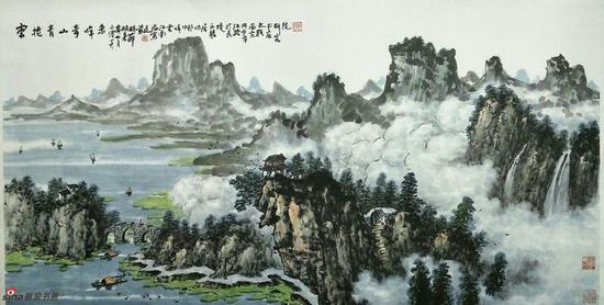 《云卷青山奇峰来》，69cmx136cm，2016年，黄廷海作