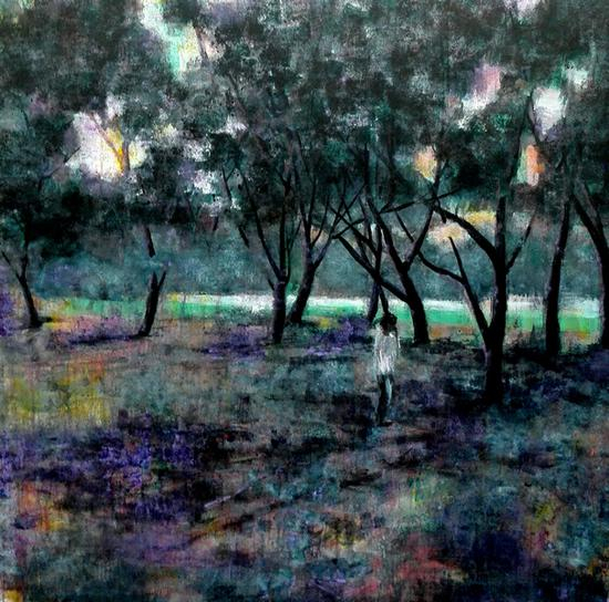 袁欣《听蝉》120×120cm 丙烯 2015