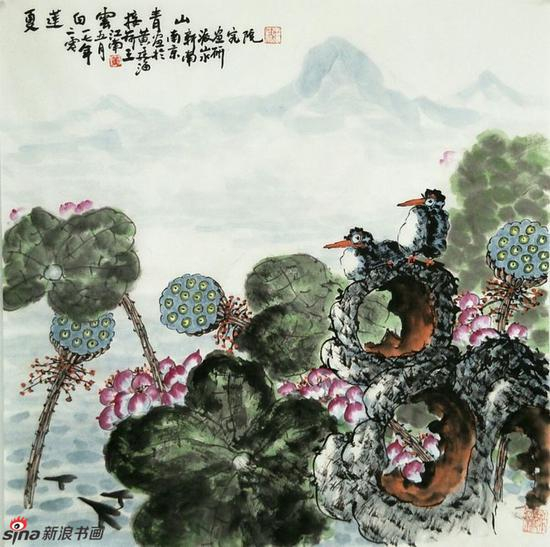 《夏莲白云接青山》 69cmX69cm，2017年，黄廷海作