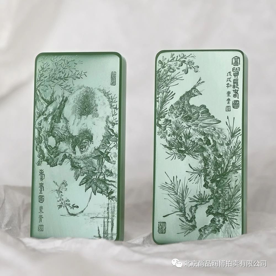 　　02802 胡玮 中国玉石雕刻名家 　胡玮 和田玉鸭蛋青耄耋富贵长春对牌 　规格：7.1×3.3×1.1cm 　7.1×3.3×1.1cm 　重量：75g 72g 　白度：鸭蛋青 　脂份：极高 　密度：无结构 　款识：胡 　起拍价：RMB 50000