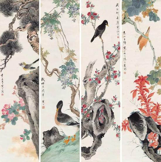 　　Lot229 江寒汀 珍卉佳禽四屏 　　立轴（四帧） 设色纸本 　　140.5x33.8cm。（4） 约4.3平尺 （每幅）