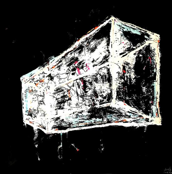 倪卫华，《追痕-魔盒（二）》， 纸上丙烯及综合材料，2018年