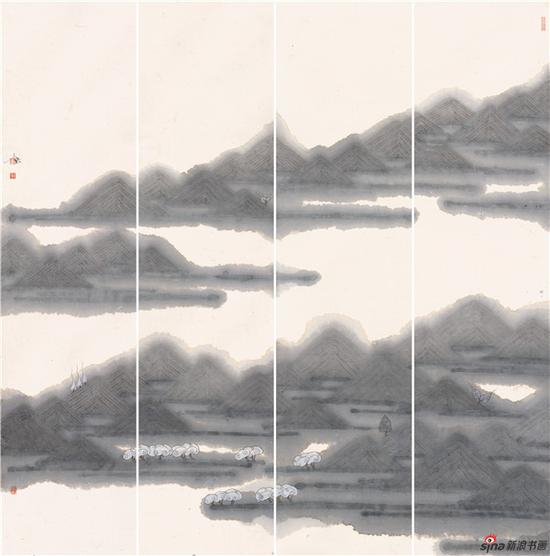 雨嶂烟峦翠欲流139×34cm×4·2018年