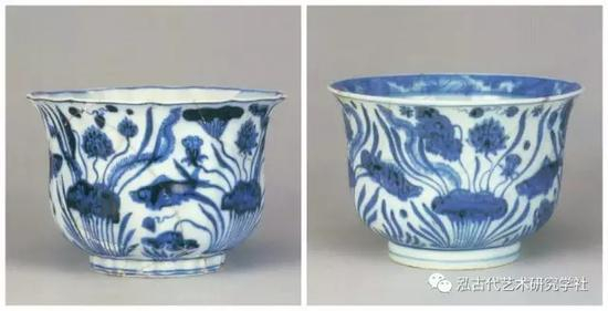 　　明 宣德 景德镇窑 青花海水鱼藻纹葵口金钟碗（左），青花海水鱼藻纹圆口金钟碗（右）景德镇陶瓷考古研究所