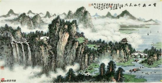 《云山无尽水长流》 69cmX136cm，2017年，黄廷海作