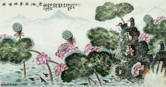 《荷塘硕果满池香》 69cmX136cm，2017年，黄廷海作