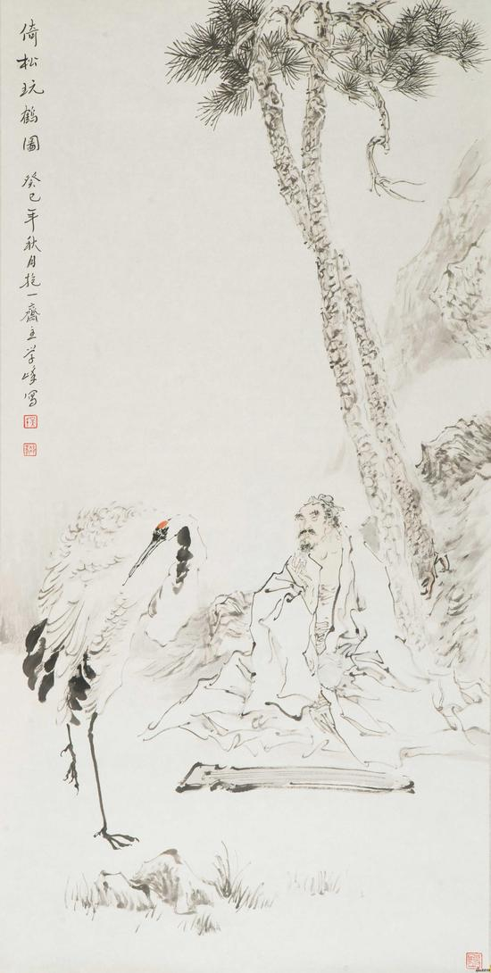 吴学峰作品《倚松玩鹤图》137X68cm 2013年