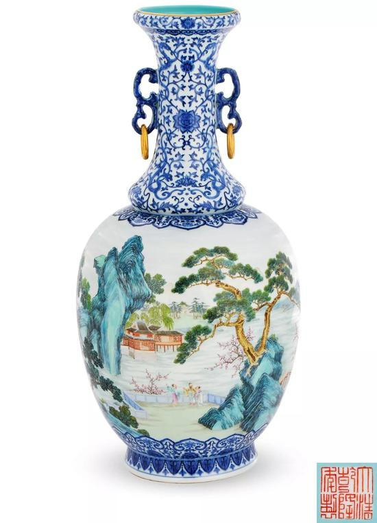 　　清乾隆 　御制青花夹洋彩通景“桃花源”图双耳活环大瓶 　H：55.2 cm 　成交价：RMB 50，600，000
