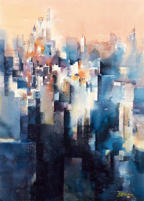 高耀明 浦江两岸尽朝晖 110×80cm 水彩画