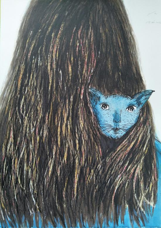 周丽 猫与女孩 丝网版画 38X53CM 2015