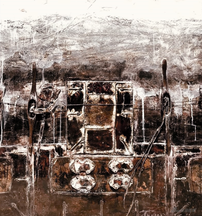 　黄钢&nbsp;，初雪，古皮箱、丙烯、老梭子，105×98cm ，2018年
