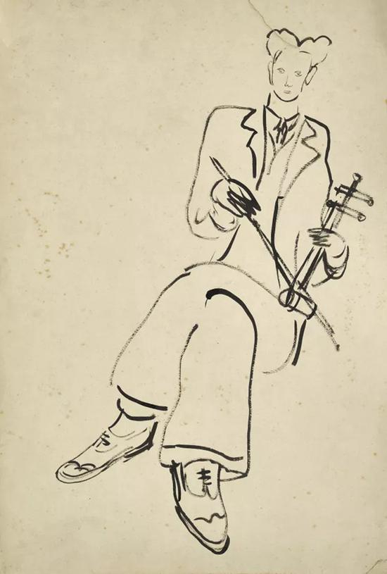 Lot。 618 常玉《拉胡琴的男子》纸本水墨 　　43×28.8 cm。