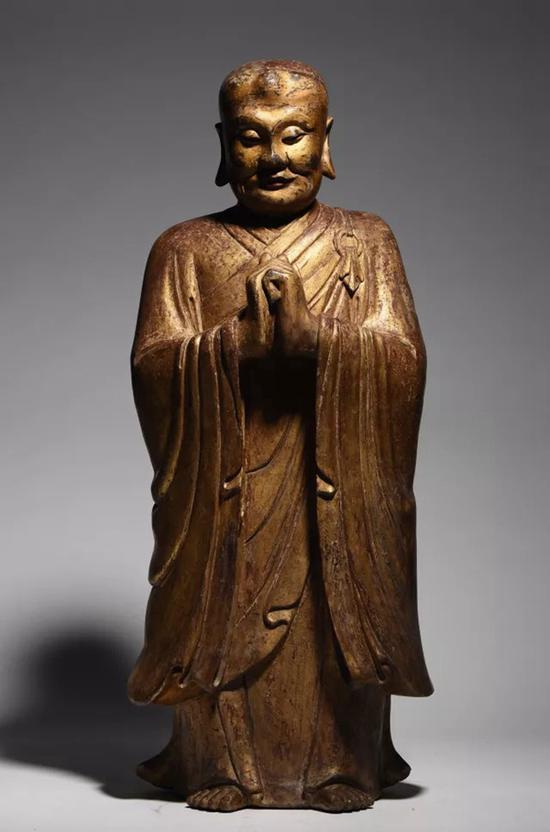 明 木雕漆金迦叶像 　　H：85cm