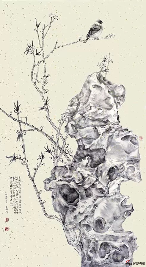 春桃栖雀 纸本 100cmX55cm