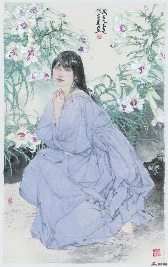 何家英《百合依依》镜心