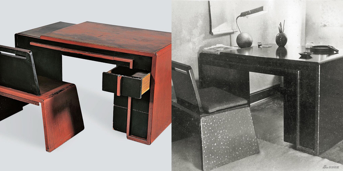 左：朱红洒金家具，约1930年，右：朱红洒金家具室内实景，《万象》 1934年