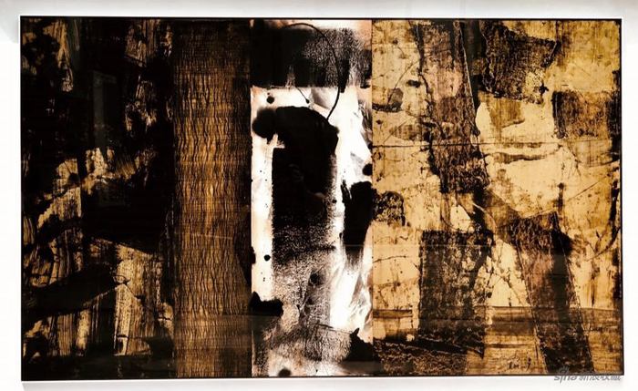 　黄钢&nbsp;，慈悲与智慧，古丝绸、丙烯、大漆，93×157cm ，2019年