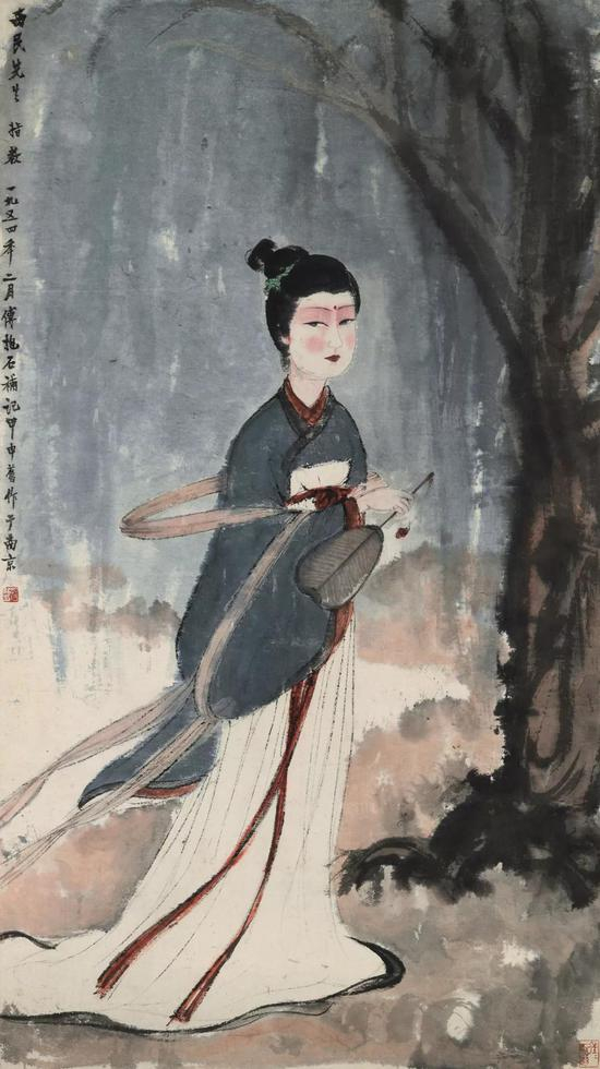 　傅抱石 游春　镜心 设色纸本&nbsp; 114×58 cm&nbsp; 成交价：RMB 25，300，000