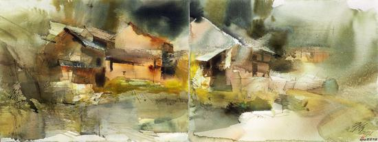 平龙 青山在 56×76cm×2 水彩画