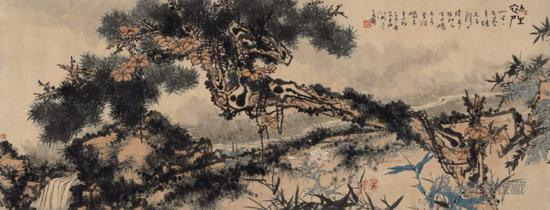 潘天寿 初晴 　　设色纸本 镜心 　　140.5x364cm