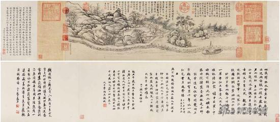 　　钱维城（1720-1772） 　　苏轼舣舟亭图 　　设色纸本 手卷 　　引首：26×78 cm 画：26×74.7 cm 　　跋1 ：26×17 cm 跋2 ：26×81 cm 跋3 ：26×18 cm