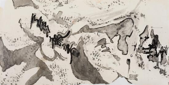 王晓辉，脏墨系列No.10，69×138cm，纸本水墨综合，2014