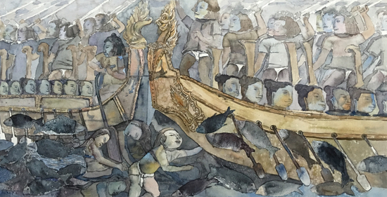 李梅《吴哥壁画之一》水彩120x60公分