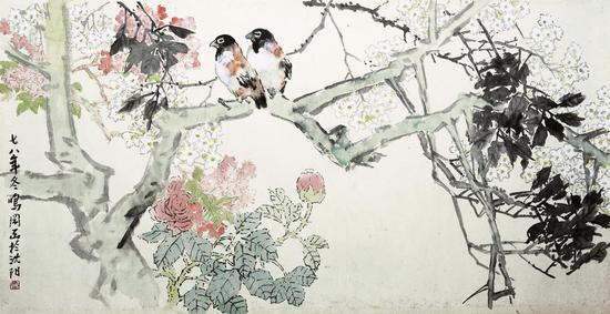 朱鸣冈《鸟语花香》 68cm×136cm