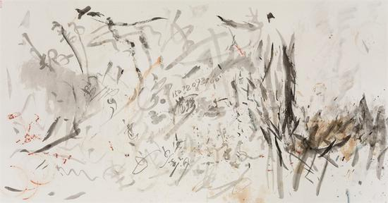 王晓辉，脏墨系列No.8，69×138cm，纸本水墨综合，2013