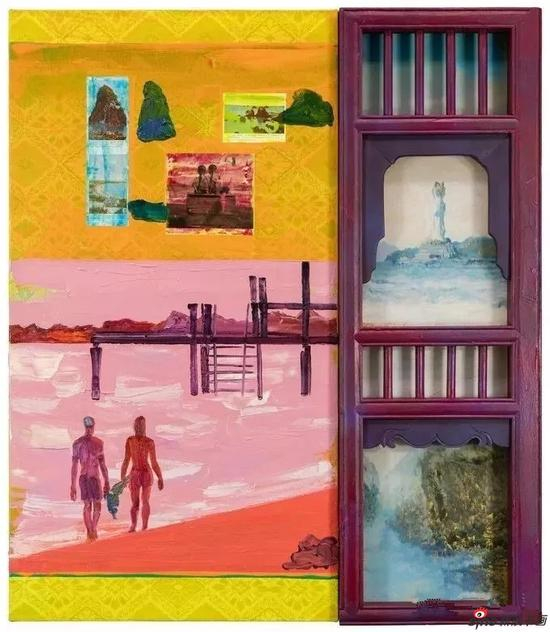 　　李青《海景》木、有机玻璃、油彩、丙烯、亚麻布上喷墨打印、印刷品、漆、铝塑板 93×81×6cm 2017