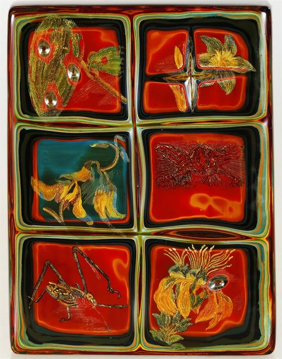 《六个方块》何艳，2016年，漆、夏布、瓦灰，30X20cm