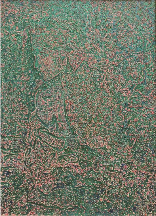 《凝视》唐影，2006年，木板漆画，聚氨酯、灰料、蛋壳，90X120cm