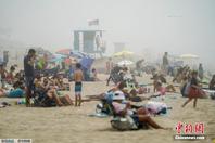 美国加州亨廷顿海滩 民众成群结队晒太阳
