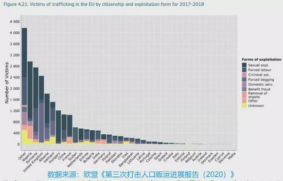 （非欧盟国家受害者数量及其遭遇的剥削形式[图源：欧盟《第三次打击人口贩运进展报告》]）