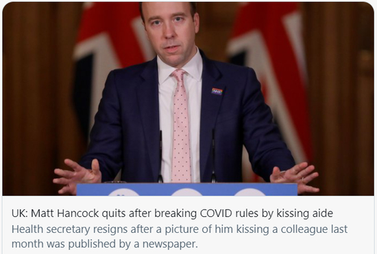  英国卫生大臣汉考克在违反防疫规则后辞职。/推特截图