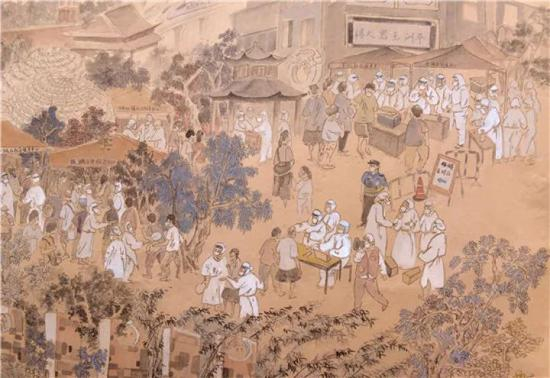 陈志杰手绘的《核酸检测上河图》（局部）