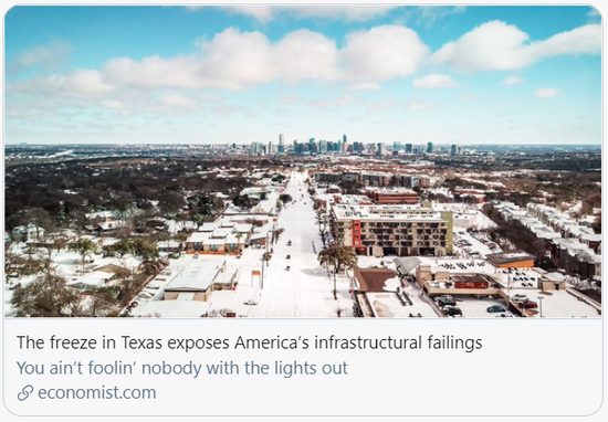  得州冰冻暴露了美国基础设施的缺陷。/《经济学人》报道截图