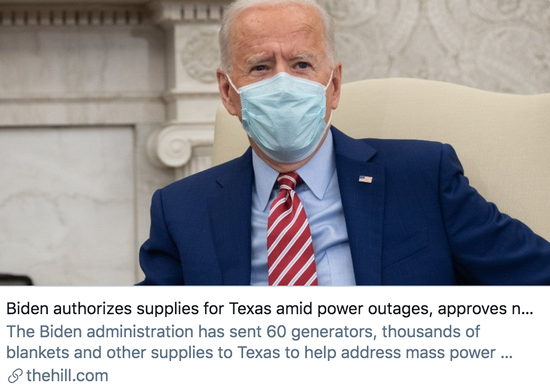  在大规模停电期间，拜登授权向得州提供物资，并批准了新的紧急声明。/&nbsp;《国会山报》报道截图