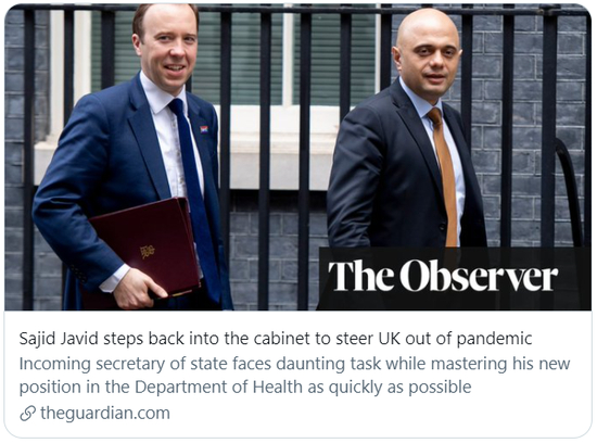  赛义德·贾维德重回内阁，将领导英国走出新冠疫情。/《卫报》报道截图