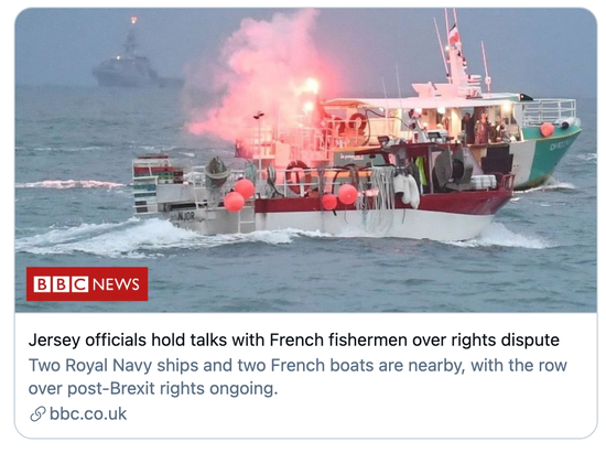  泽西岛官员与法国渔民就权利纠纷举行会谈。/BBC报道截图